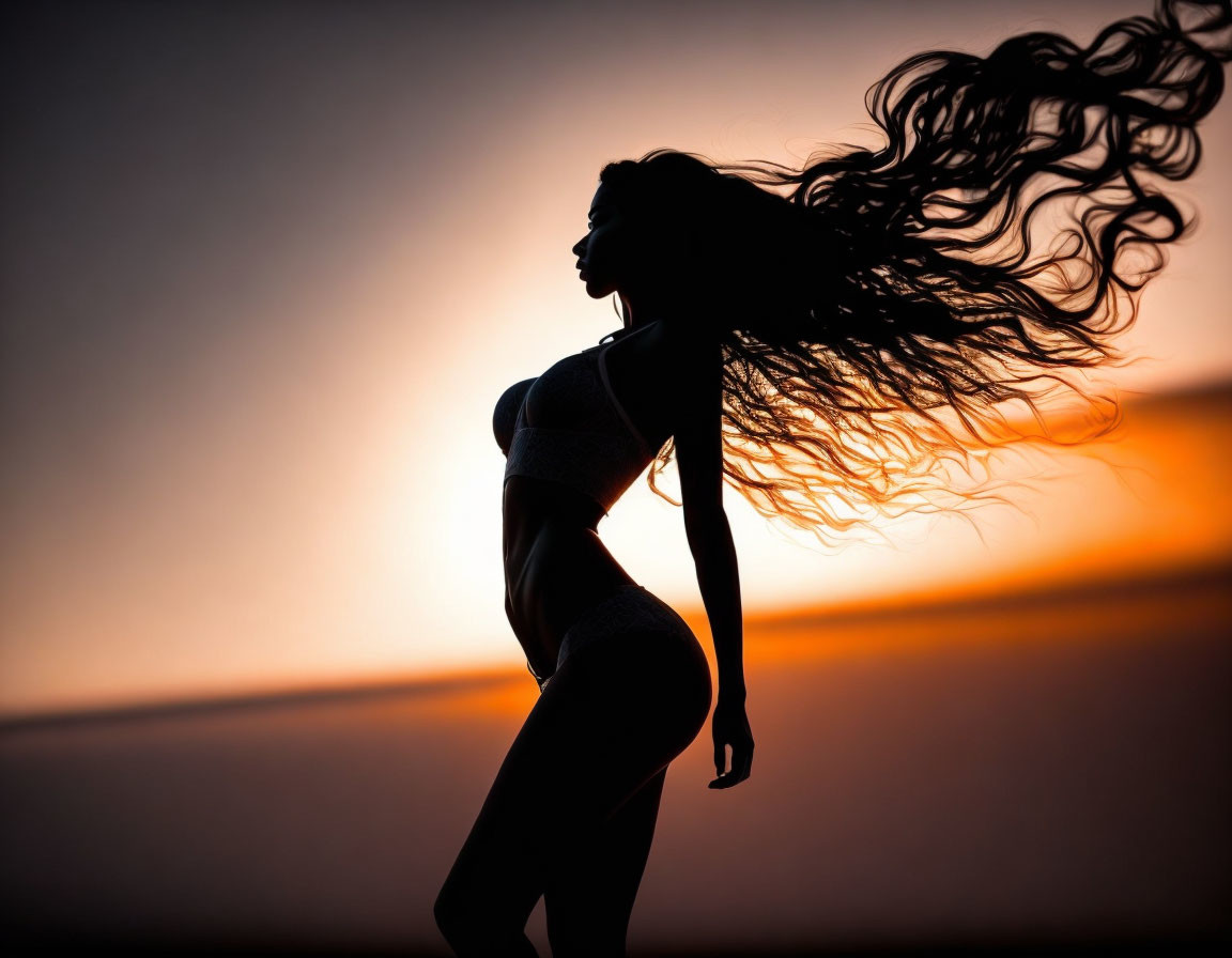 Profile of Woman with Flowing Hair at Sunset