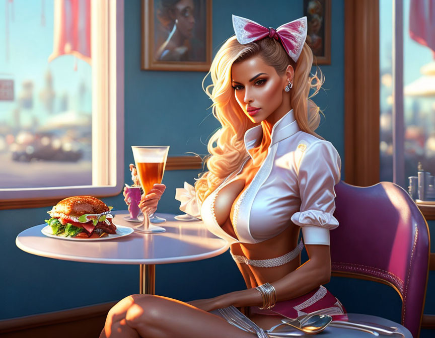 Glamorous woman in diner with burger and drink, retro style.