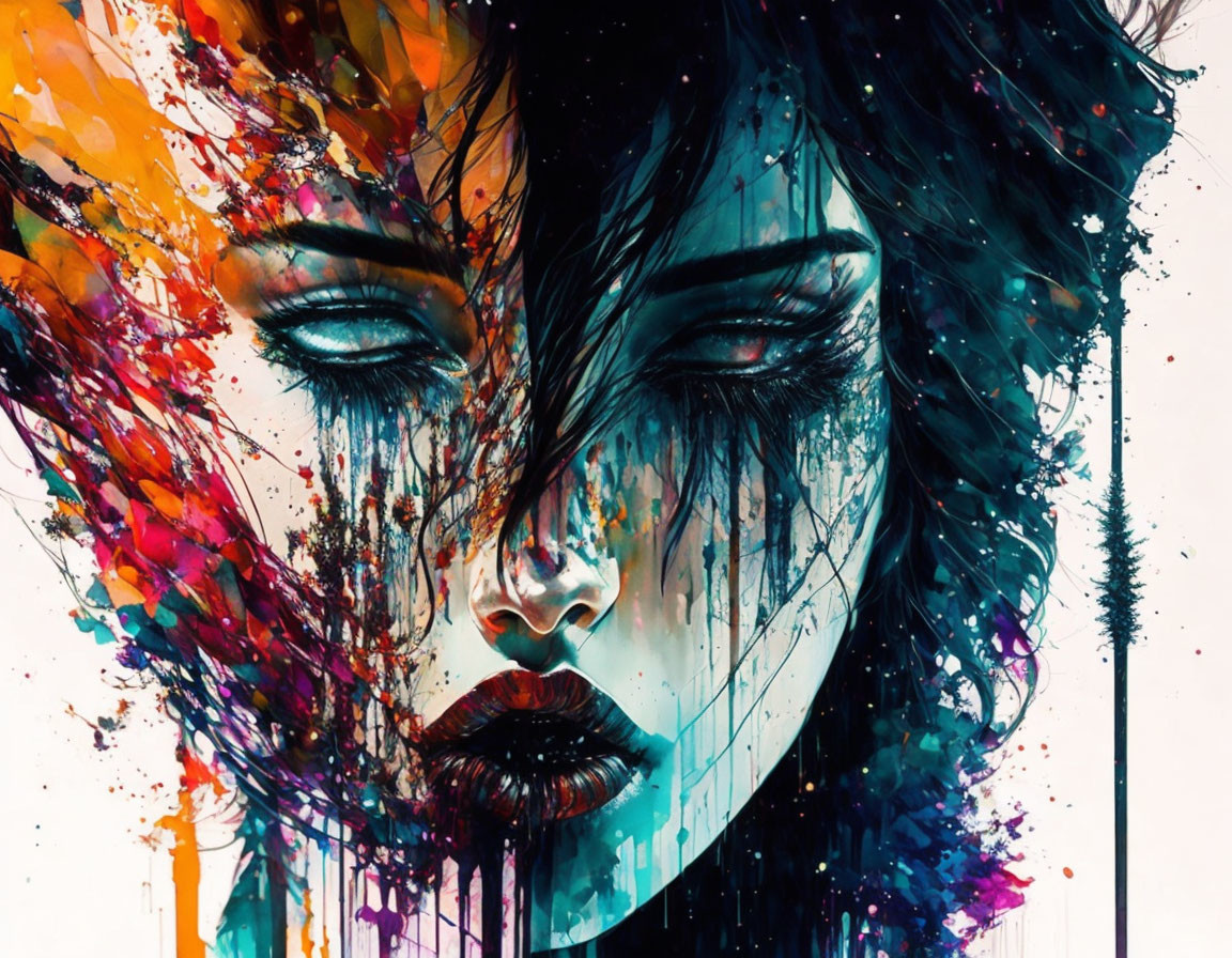 Colorful digital artwork: Woman's face with paint-drip effect