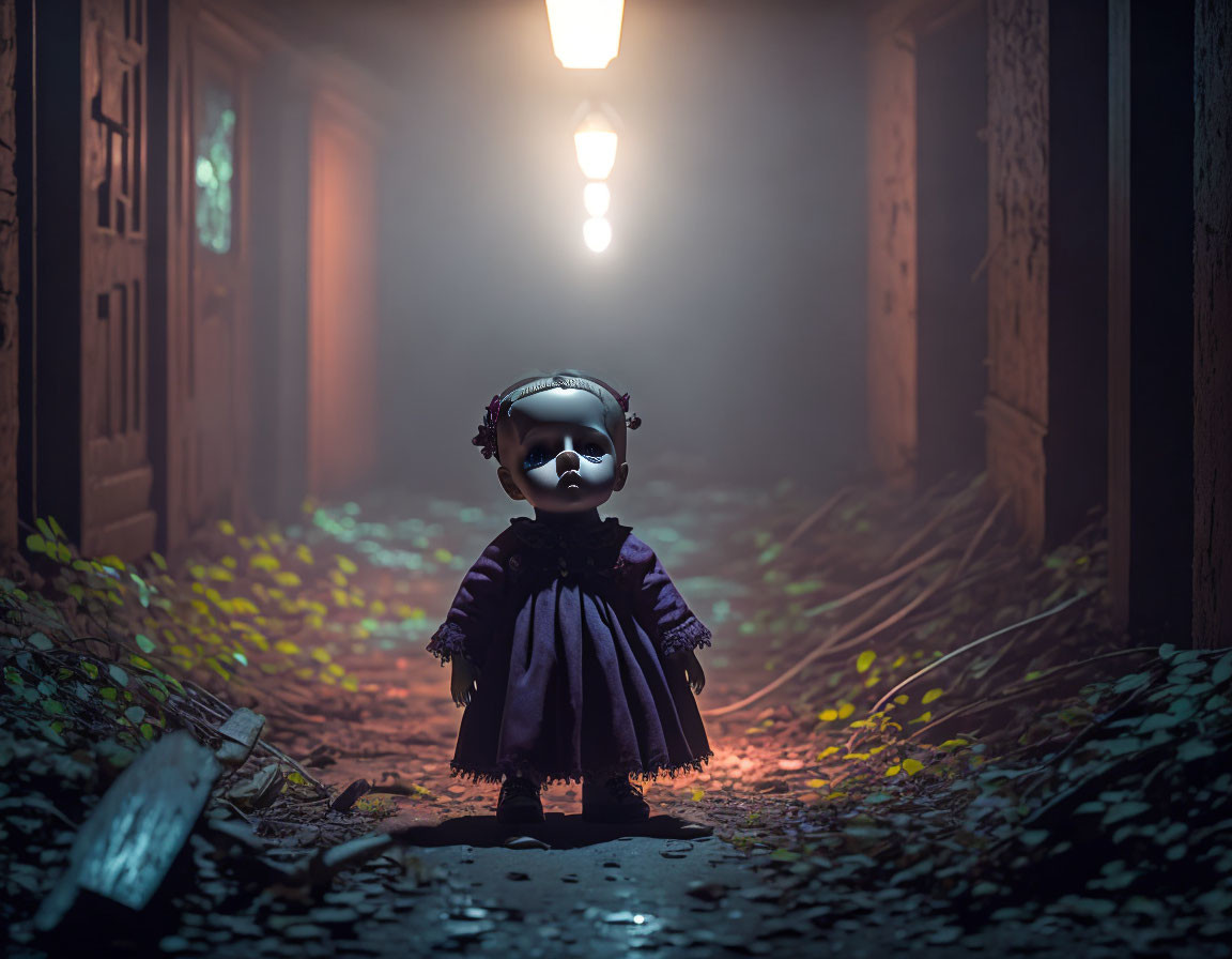 Creepy doll in purple dress in foggy alley at night