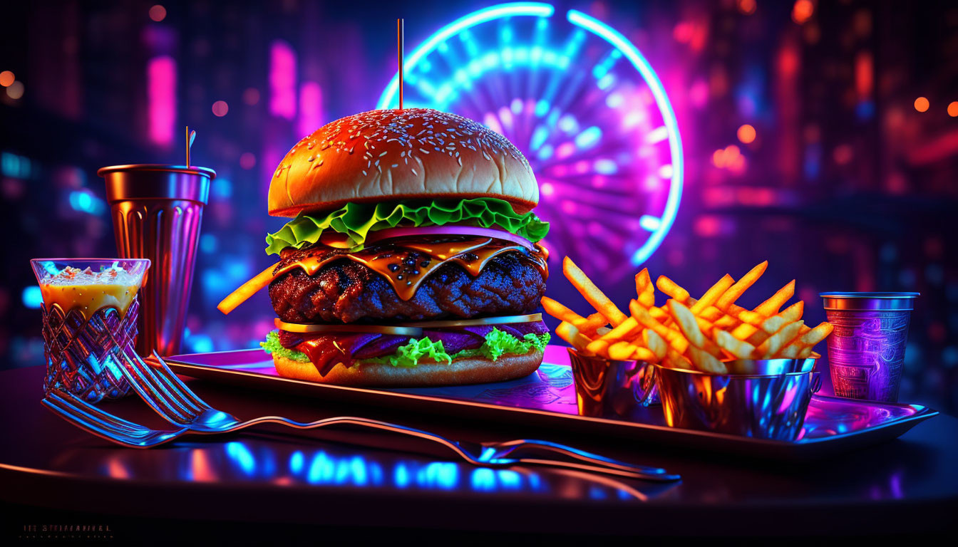 Neon-lit scene with cheeseburger, fries, drink, and ferris wheel