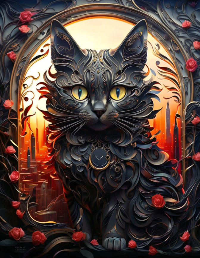 Detailed black cat with swirl patterns among red roses in a golden cityscape