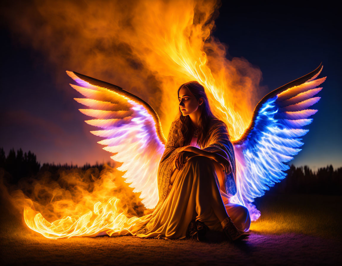 Woman with Glowing Blue Wings Surrounded by Flames in Night Sky