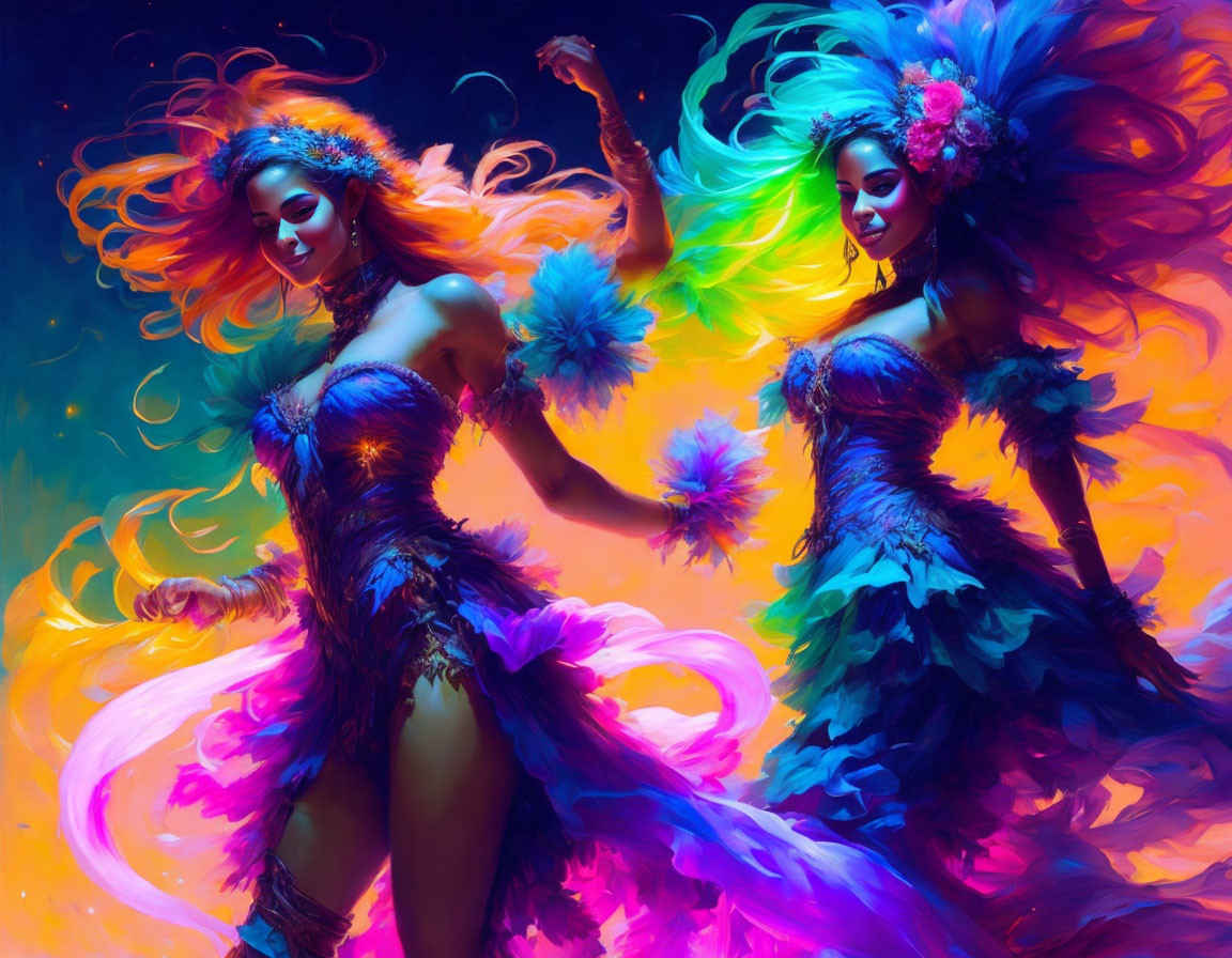 Colorful carnival costumes with feathers and headdresses on two women dancing in neon-lit setting