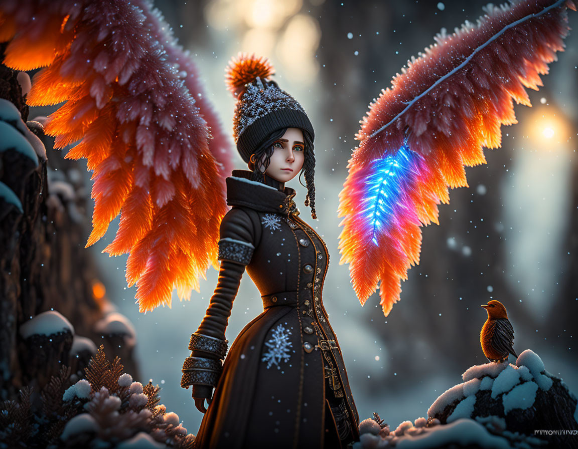 Digital artwork: Woman in winter coat with fiery wings next to bird in snowy forest