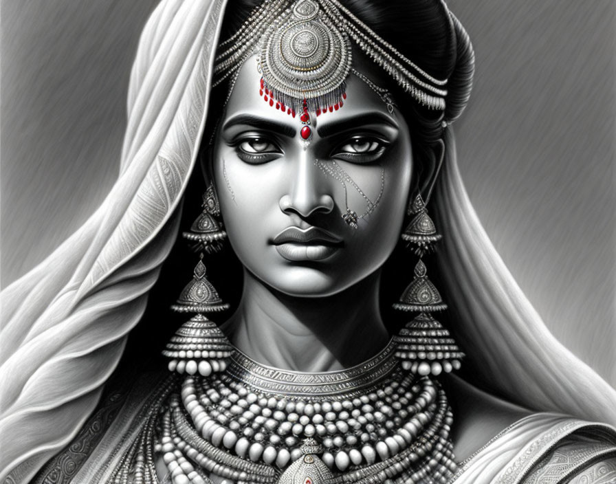 Monochromatic image of woman in traditional Indian jewelry.