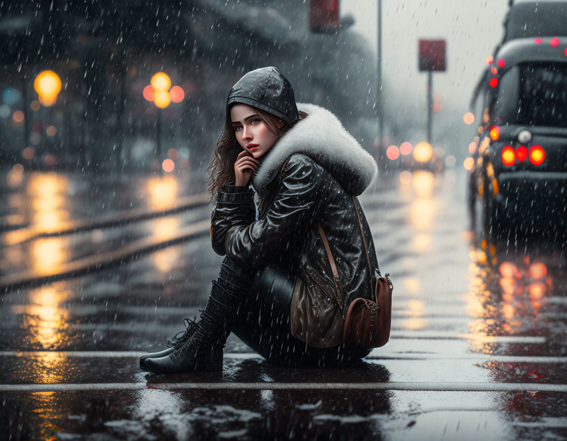 Woman in leather jacket and beanie sits on wet street under rain, cars passing by