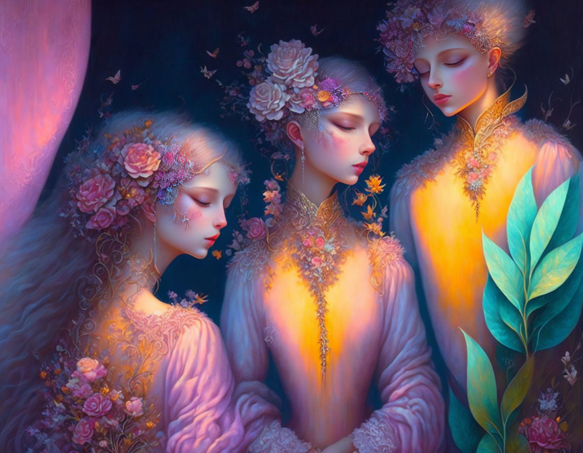 Ethereal figures with floral and golden accents in enchanted setting