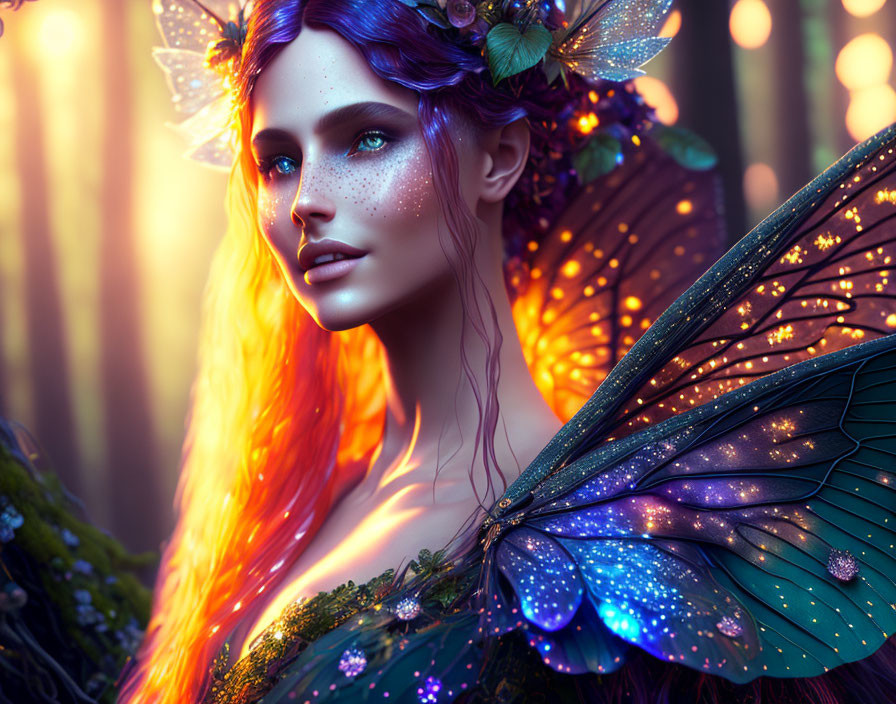 Mythical fairy with luminous wings in magical forest