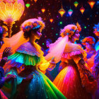 Colorfully dressed women with floral headpieces at festive gathering under starry night sky.