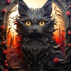 Detailed black cat with swirl patterns among red roses in a golden cityscape