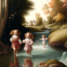 Children playing in magical forest setting with serene atmosphere