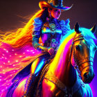 Colorful futuristic cowboy woman riding neon horse on dark background