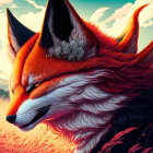 Colorful Stylized Fox Illustration with Mountain Backdrop