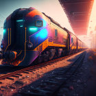 Futuristic train on tracks at dawn/dusk with city skyline in background