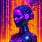 Cybernetic woman with circuitry, headphones, neon lights, server racks