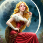 Fantasy illustration: Blonde woman in red gown with golden bird, moon & forest.