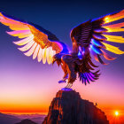 Colorful eagle with spread wings on rocky peak at sunset