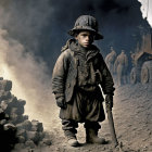 Young soldier in historical combat gear on murky battlefield