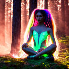 Neon-lit bodysuit person meditates in forest at sunset