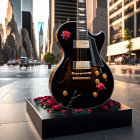 City street giant guitar sculpture with rose motifs at dusk