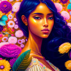 Vibrant digital artwork: Dark-haired woman with colorful makeup amidst stylized flowers