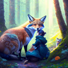 Young girl with fox in mystical forest under sunlight rays