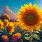 Sunflower Field Sunset Scene with Radiant Sky Colors