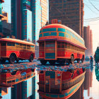 Futuristic cityscape with retro buses, reflections in water, towering buildings, hazy sky