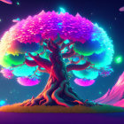 Colorful neon-hued tree in fantastical landscape with glowing plants and mountains