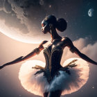 Ballet dancer in tutu poses under night sky with moons