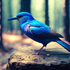 Blue bird perched on tree stump in forest setting