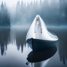 Ghostly figure with long white hair on misty lake boat