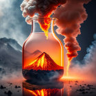 Surreal image: volcanic eruption in glass flask mirroring larger volcano