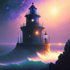 Majestic lighthouse on rocky cliff under starry sky