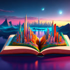 Vibrant fantasy cityscape and mountains in open book against twilight sky