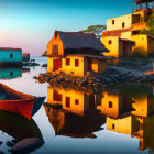 Colorful surreal landscape with whimsical buildings and rowboat by reflective waterway