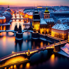 Snow-covered bridge and historic buildings in twilight cityscape