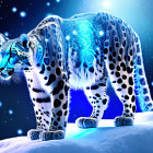 Snow leopard digital art: glowing blue pattern on starry night sky