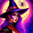 Purple-themed witch illustration with piercing eyes and spider-adorned hat