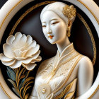 Detailed 3D illustration of an Asian woman in floral attire with circular border.