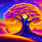 Colorful Neon Landscape with Glowing Tree & Celestial Elements