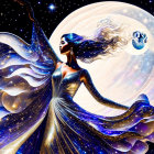 Illustration of woman in starry gown with moon and Earth in cosmic backdrop