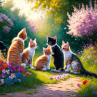 Colorful Painting: Six Cats in Lush Garden with Bright Flowers