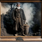 Vintage portrait of bearded man in work attire with cap and bucket against smoky background in ornate