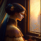 Vintage-dressed woman gazes at golden sunset through window with blue ribbons.