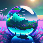 Surreal landscape with glossy globe, ecosystems, purple flowers, starry sky.