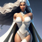 Stylized illustration of confident woman in silver and white bodysuit