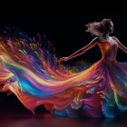 Woman in vibrant flowing dress with illuminated patterns spinning against dark background