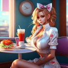 Glamorous woman in diner with burger and drink, retro style.